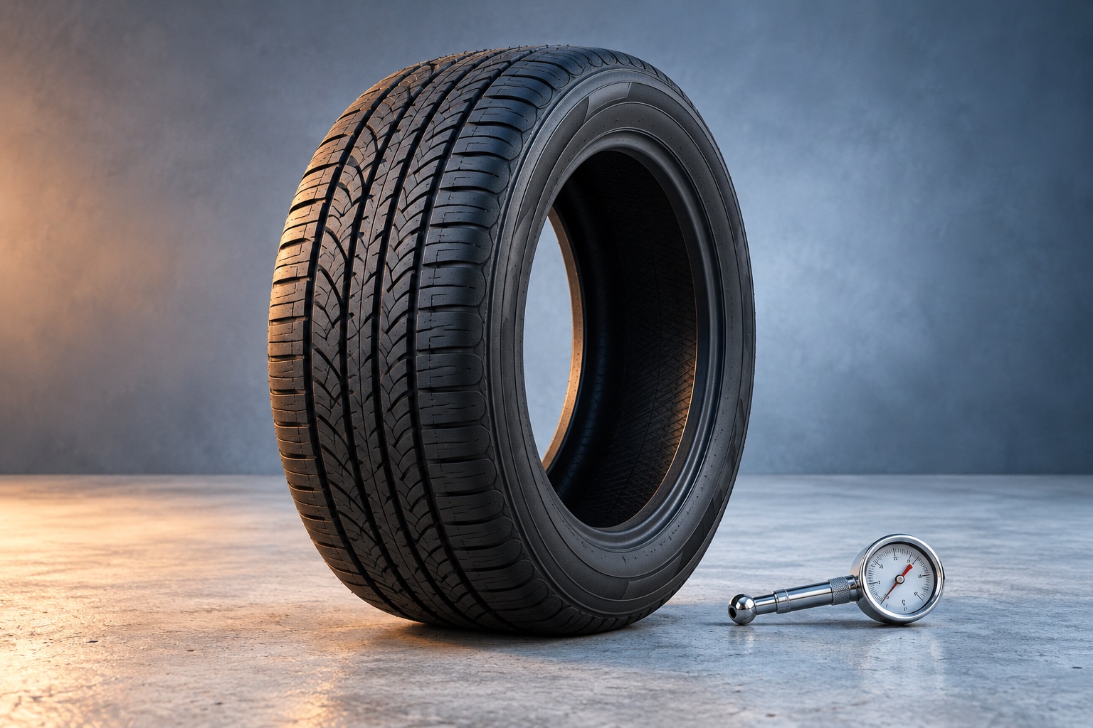 Illustrative study of an unbranded tire and tire pressure gauge on a cool concrete surface
